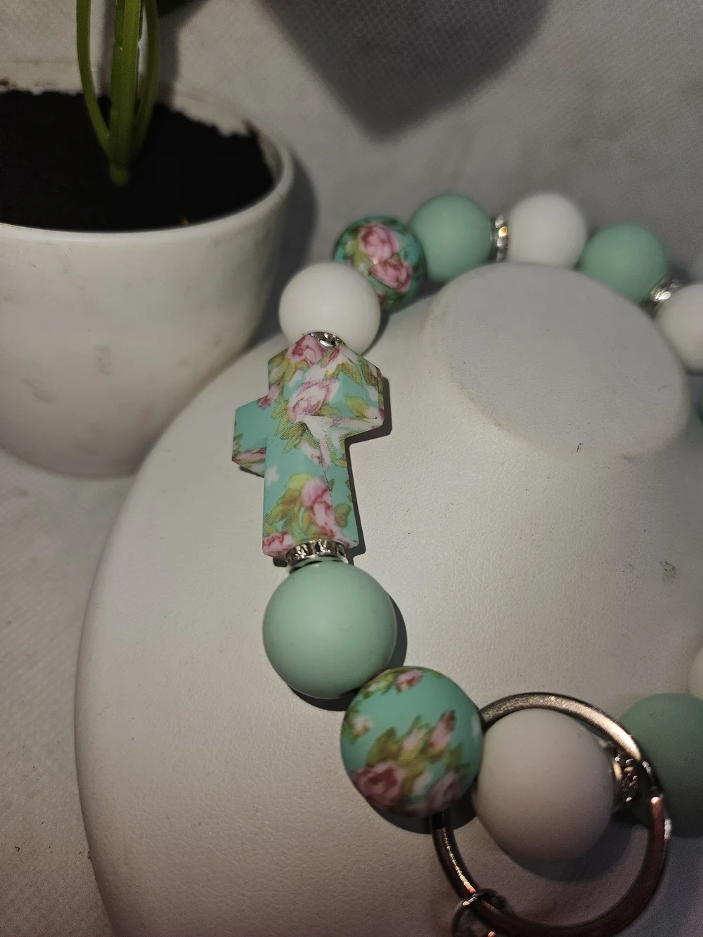 Mint & White Beaded Key Ring with Pink Tassel